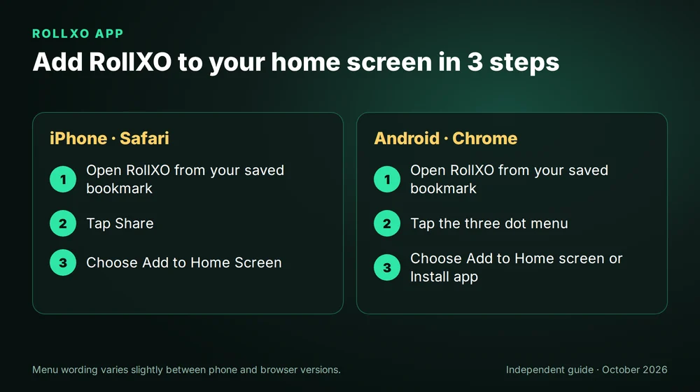 Adding RollXO to the home screen on iPhone and Android in 3 steps